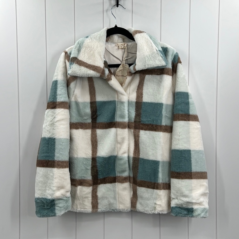 🆕Hem & Thread Fleece Jacket Plaid Colorblock Teal/Robins Egg Blue & Cream NWT - Picture 2 of 13